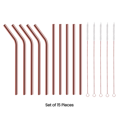 100% Pure Copper Drinking Straws – Straight & Bent Mix with Cleaning Brush (Set of 10 or 15) | Eco-Friendly, Reusable & Antibacterial