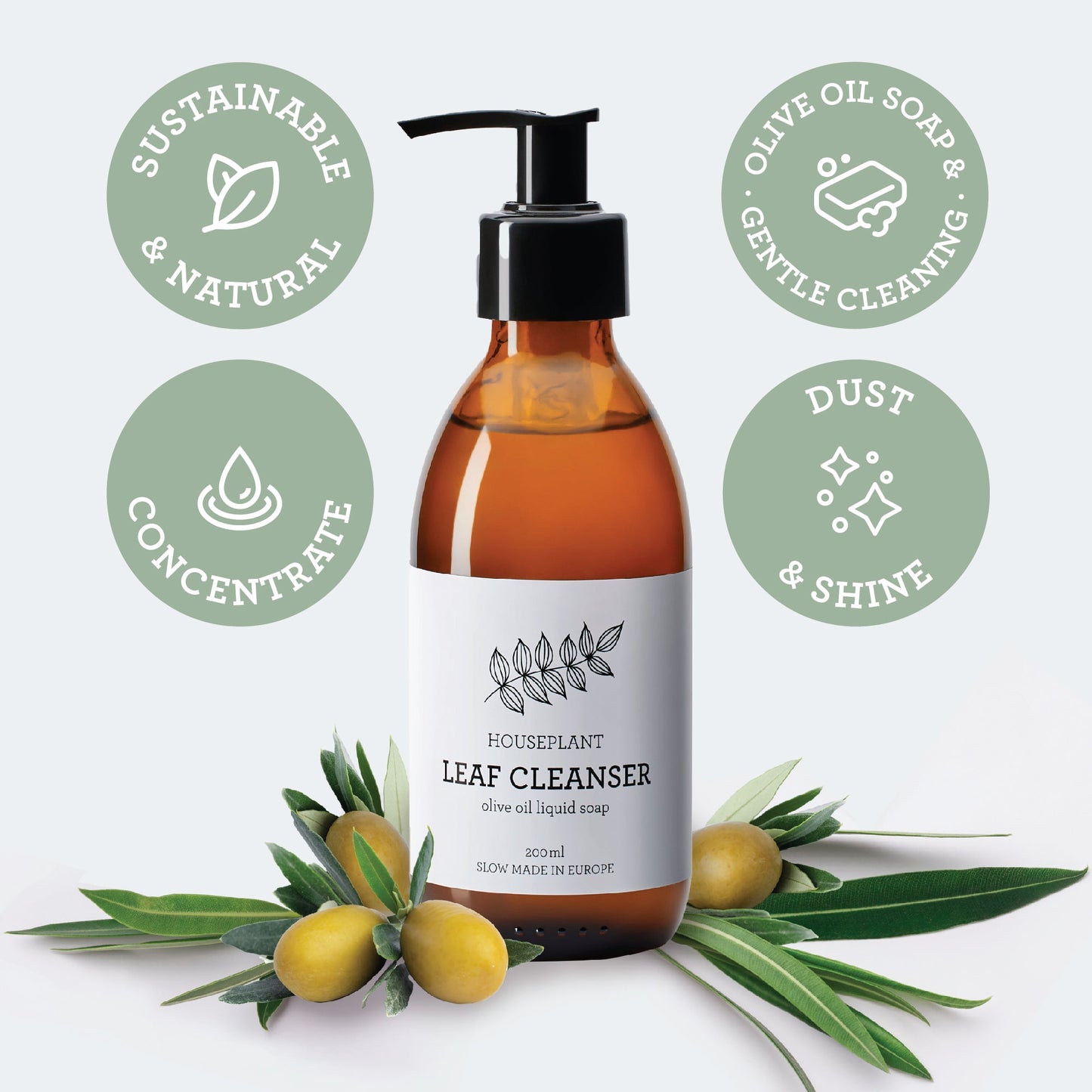 Generosa Leaf Cleaner & Leaf Shine Spray for Houseplants | Leaf care spray with olive oil soap | Natural, organic, removes dust, mould & lime stains on the leaves | 200ml glass bottle, plastic dispenser