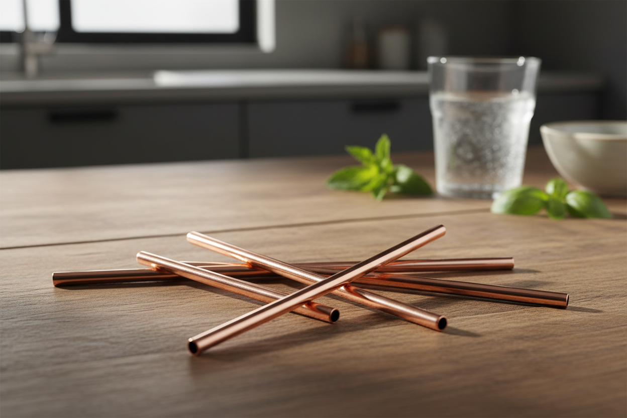 100% Pure Copper Drinking Straws – Straight & Bent Mix with Cleaning Brush (Set of 10 or 15) | Eco-Friendly, Reusable & Antibacterial