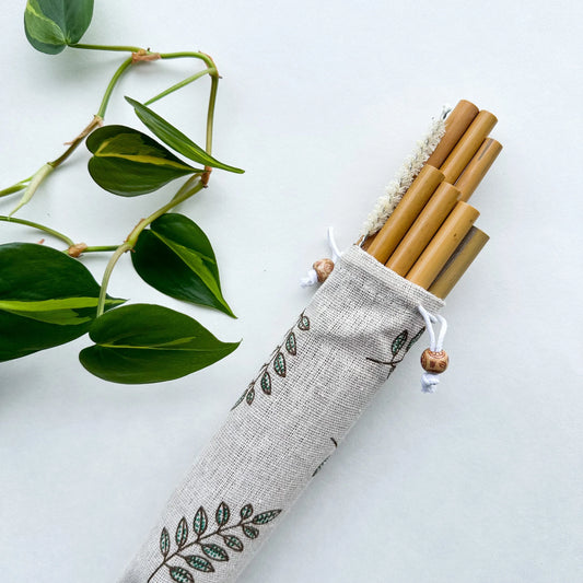 10 Reusable Natural Bamboo Drinking Straw - Zero Waste Biodegradable Straws - Eco Friendly Hemp Cleaning Brush & Sustainable Cotton Bag